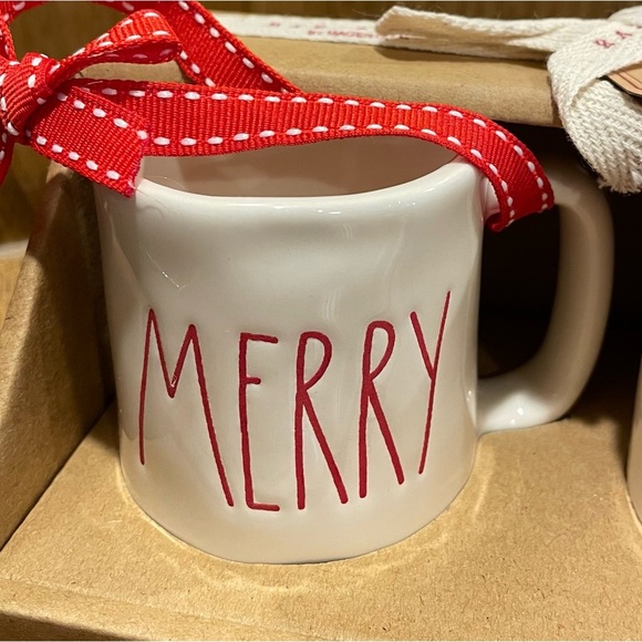 Rae Dunn Red Lettering Merry & Bright White Ceramic Mug Christmas Ornaments NEW! - Picture 2 of 8